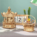 Functional merry-go-round wooden puzzle music box for hands-on model builders