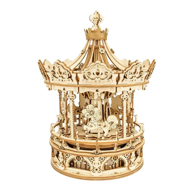 Music box 3D wooden puzzle kit featuring the Romantic Carousel Dream merry-go-round model — Gearfinch