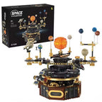 LED sun solar system building blocks with motorized planets for a kinetic desk display