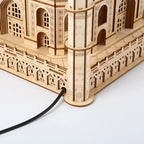 Taj Mahal wooden model with engraved lattice walls and integrated LED lights for shelf decor