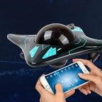 FPV camera boat streaming real-time underwater views to a phone during backyard pool exploration