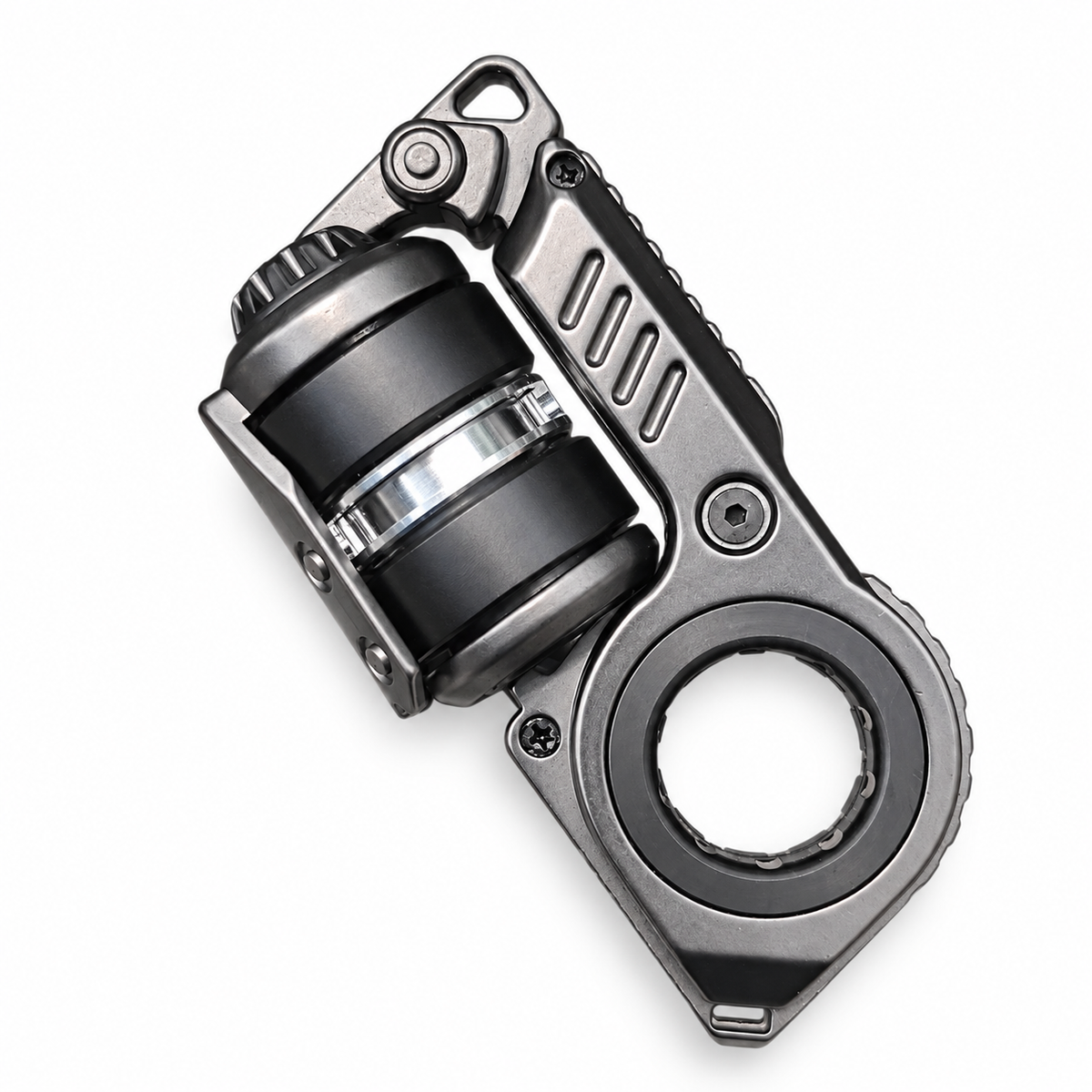 Gray Resonance metal fidget toy with black roller and finger ring on white — Gearfinch