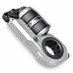 Silver Resonance metal fidget toy with black roller and finger ring on white
