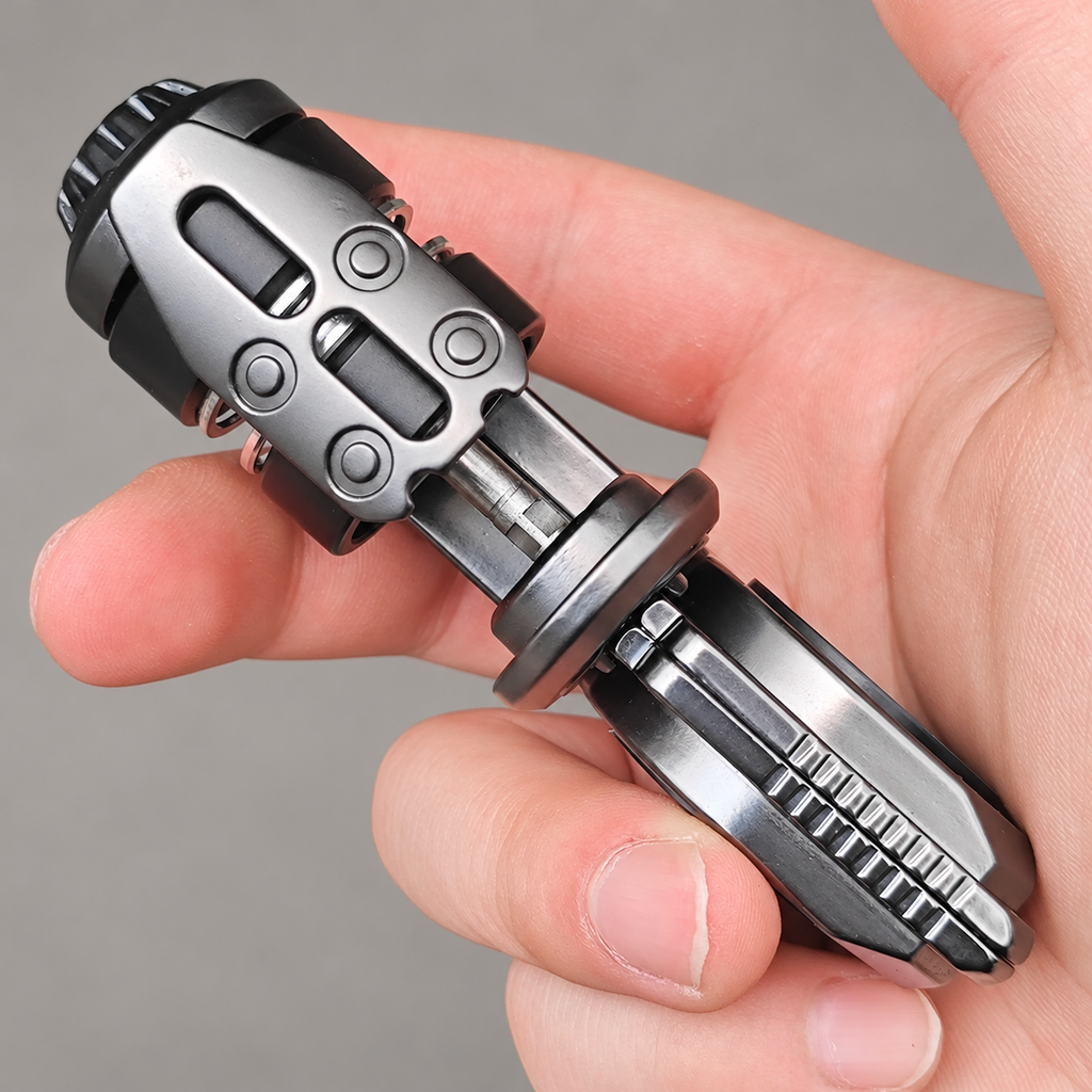 Gray Resonance metal fidget held open to show the roller and internal shaft