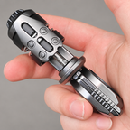 Gray Resonance metal fidget held open to show the roller and internal shaft