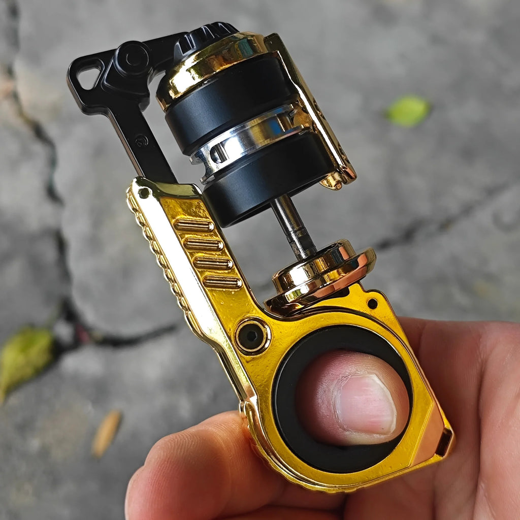 Gold Resonance metal fidget held open to show the roller and internal shaft