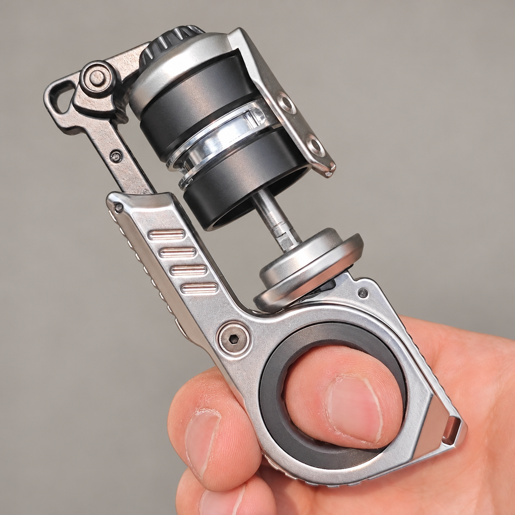 Silver Resonance metal fidget held open to show the roller and internal shaft