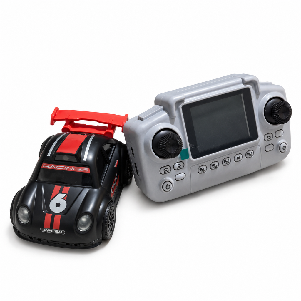Actual black camera-car design with the LCD controller; background professionally cleaned