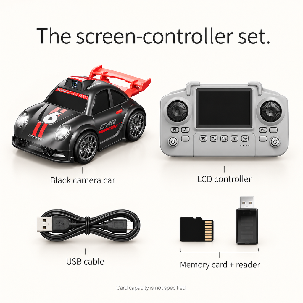Black car, LCD controller, USB cable, memory card and reader package overview