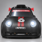 Black RC car roof camera and front-light detail