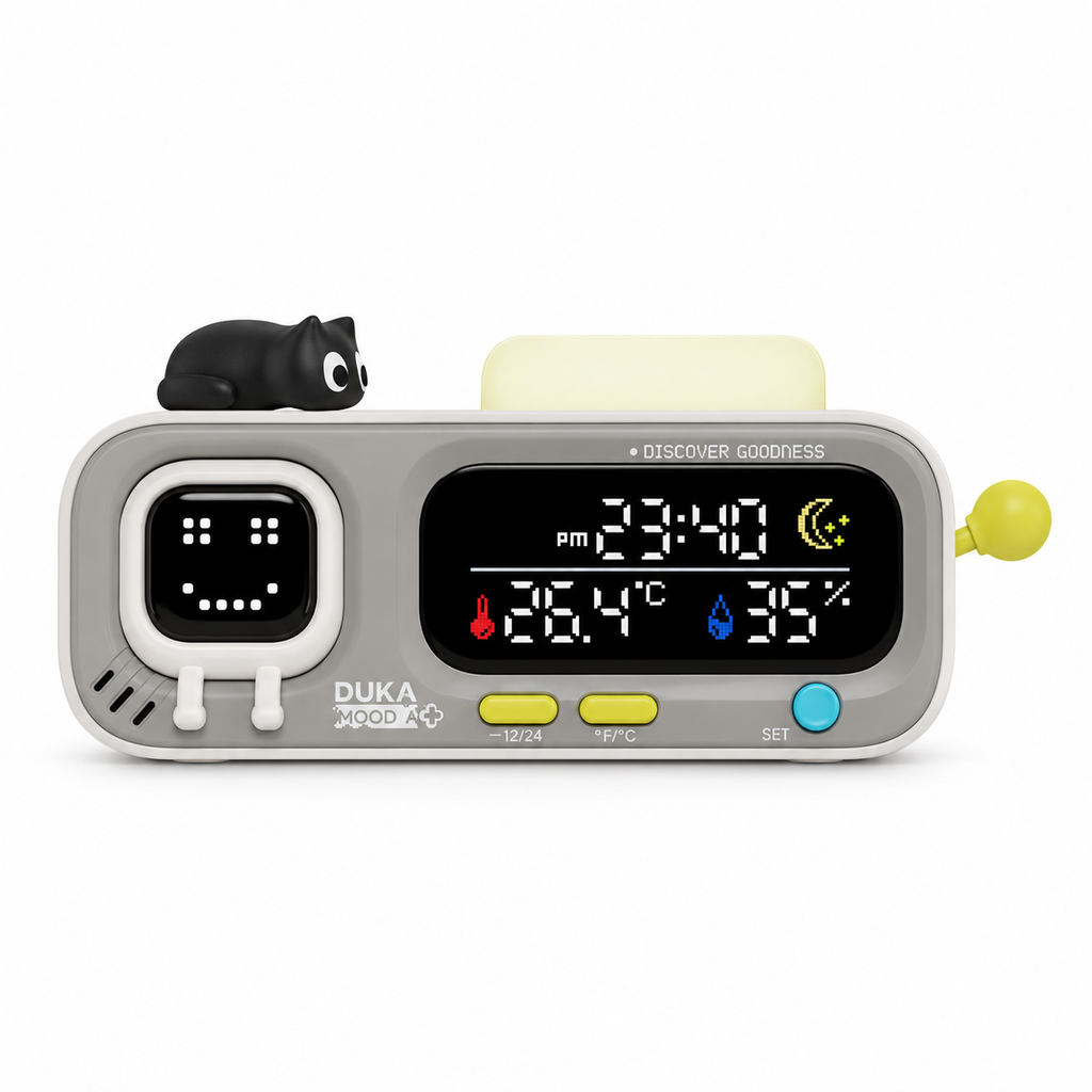 Gray pixel desk clock with temperature and humidity display