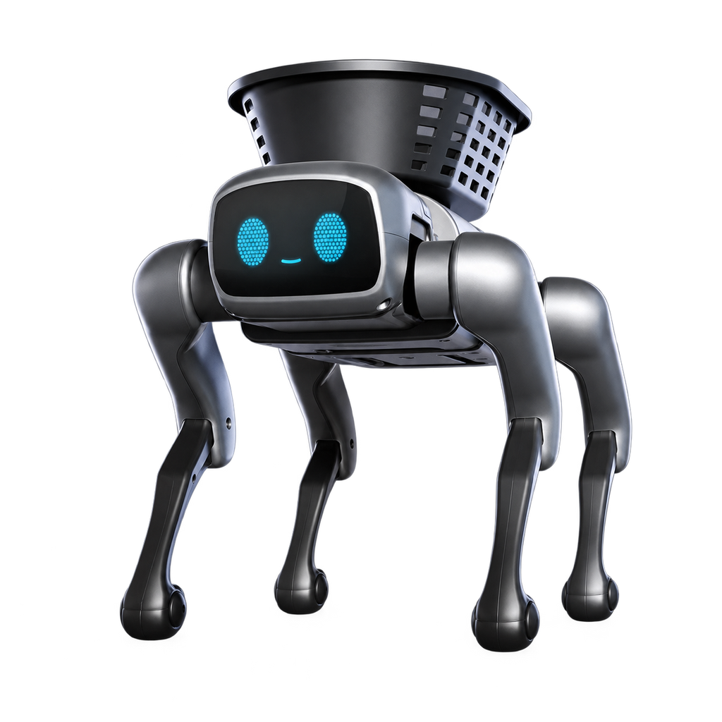Black robot dog with carry basket, product-only image