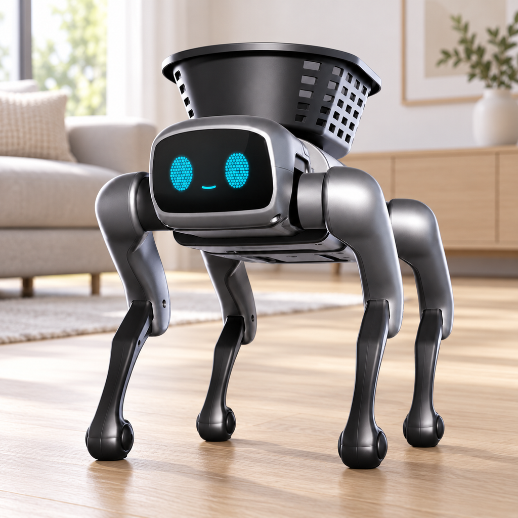 Robot dog on a floor, styled illustration