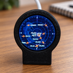Compact flight-data display on a desk, styled illustration
