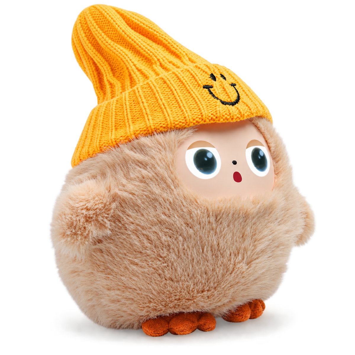 Khaki interactive plush with mustard knit hat and LED eyes — Gearfinch
