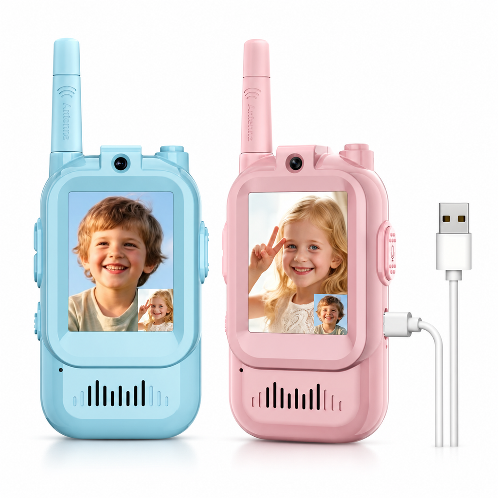 Blue and pink video walkie-talkie pair with USB charging cable