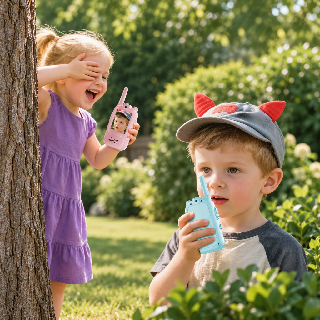 Video walkie-talkies during a backyard game, styled illustration