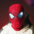 Red mask worn by an adult to show fit and eye-panel scale