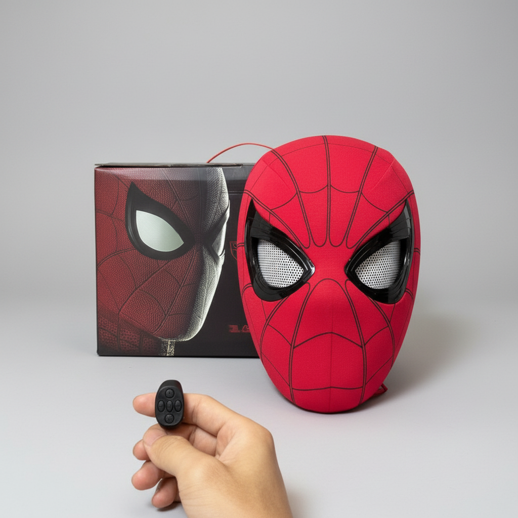 Red Ring Remote mask with moving eyes, wireless ring and product box on a grey background