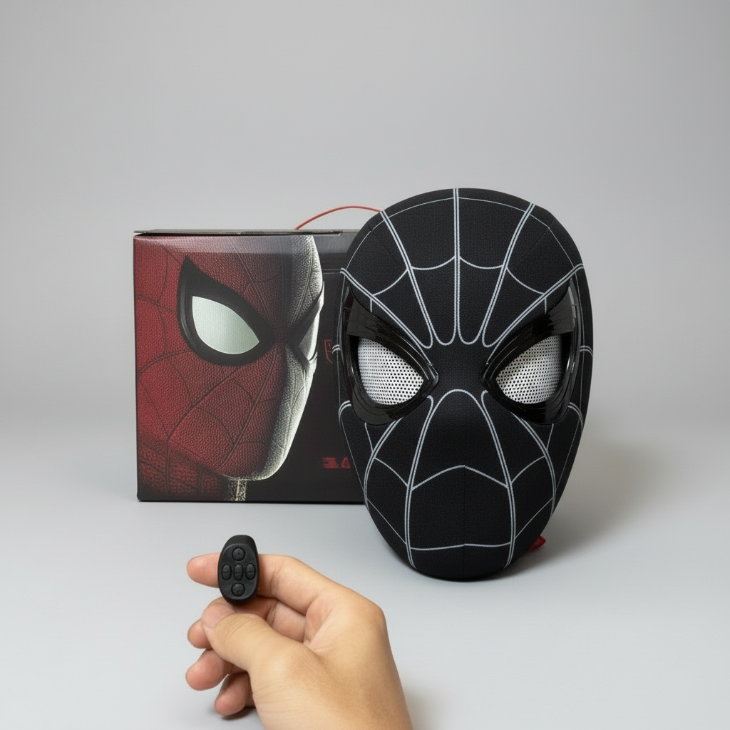 Black Ring Remote mask with moving eyes, wireless ring and product box on a grey background