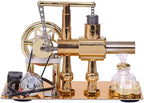 Golden Stirling engine model with visible mechanical motion and integrated LED power display