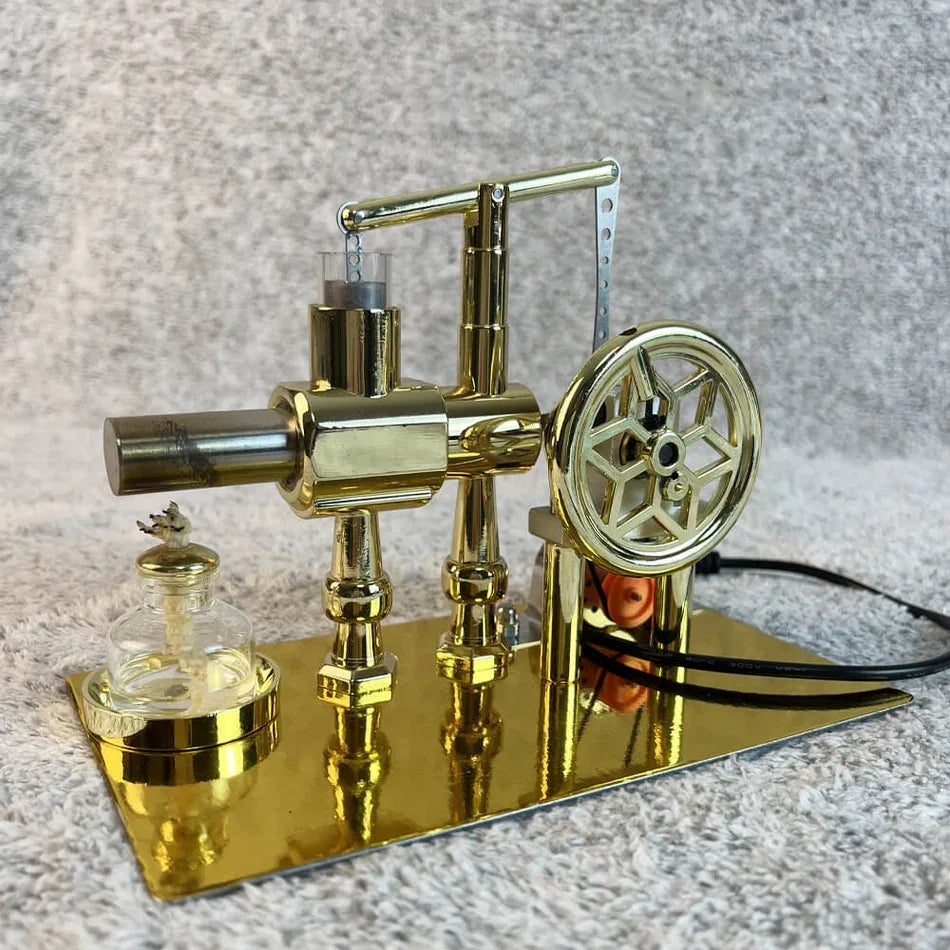 Golden metallic Stirling engine power display for desk scale thermodynamics demonstrations — Gearfinch
