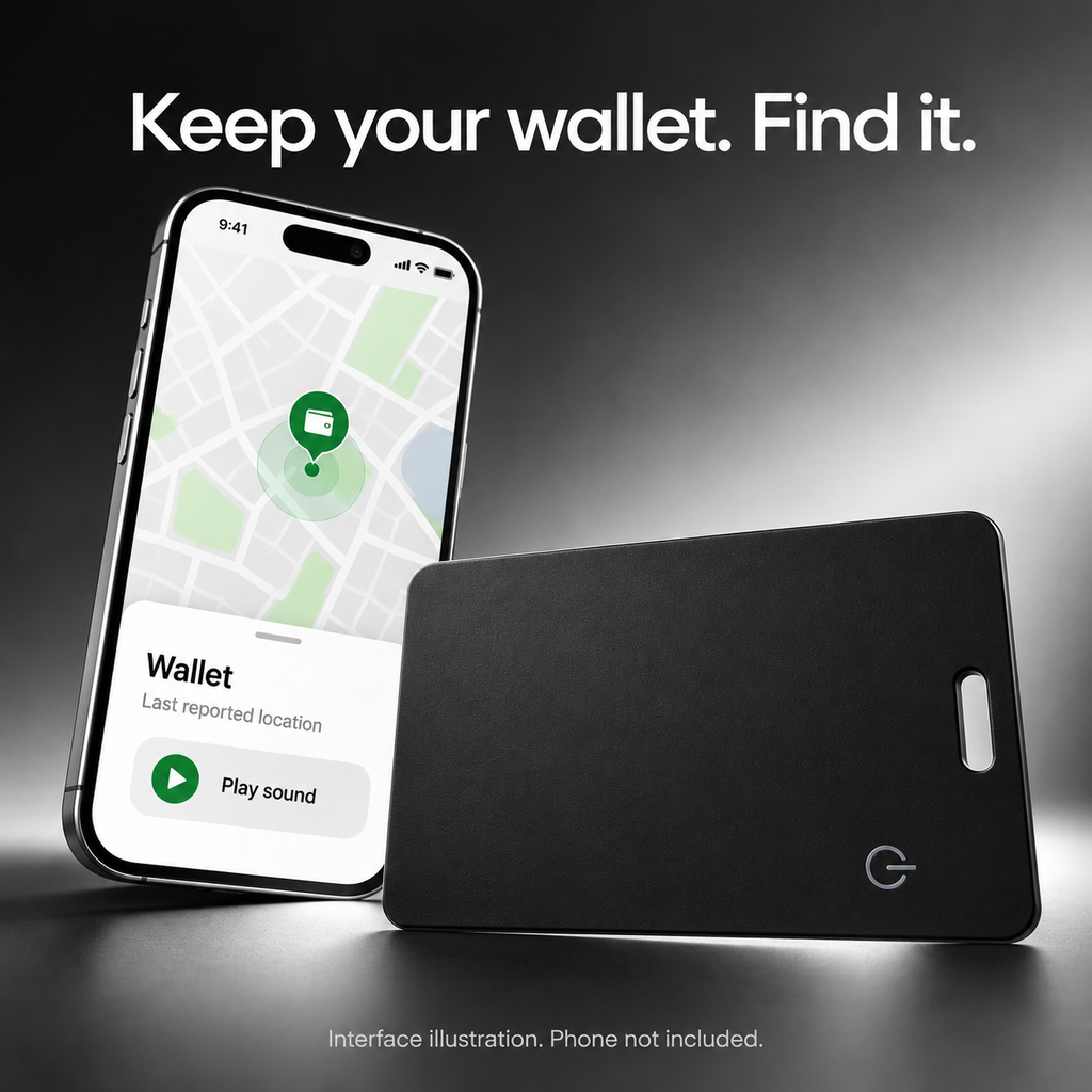 Illustration der Tracker-Karte neben letzter gemeldeter Position und Tonfunktion auf einem nicht enthaltenen Smartphone