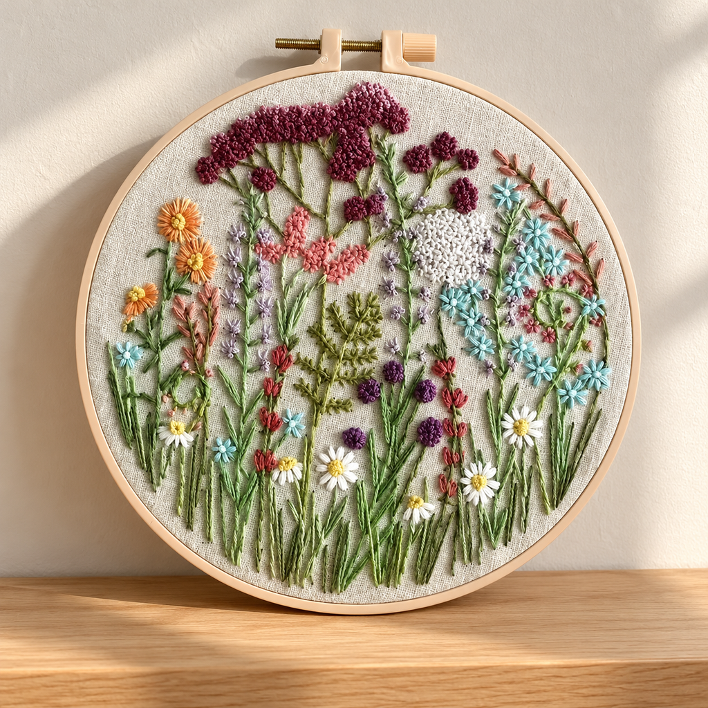 Illustrative finished wildflower embroidery project in its pale plastic hoop on a shelf